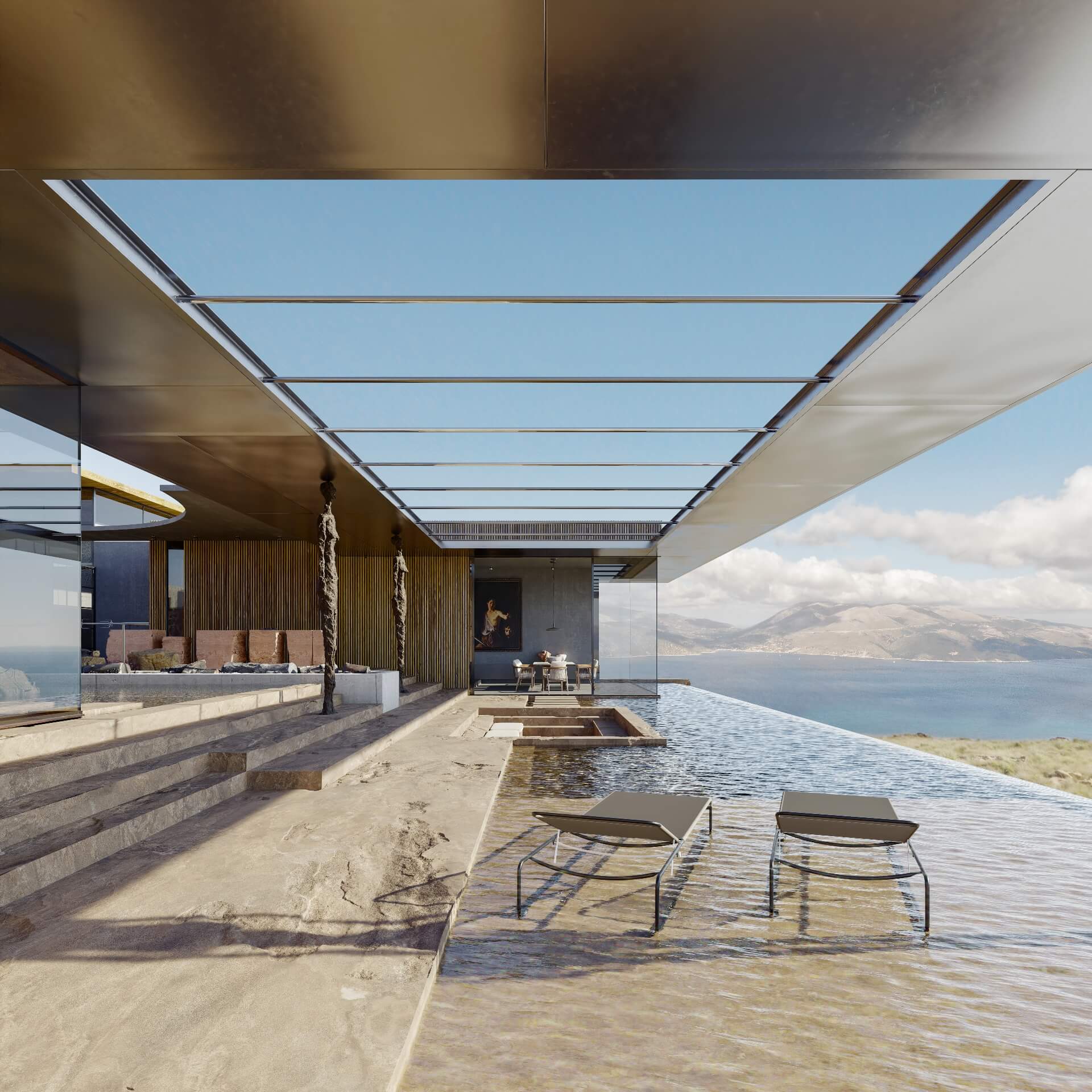 3D exterior render — infinity pool terrace Greece