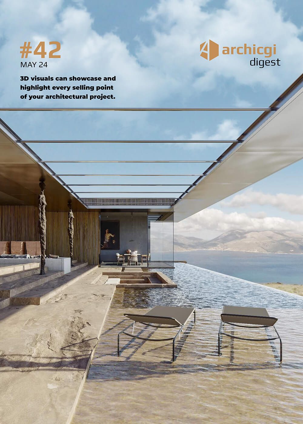 ArchiCGI Digest #42 cover with 3D rendering of a pool terrace overlooking water