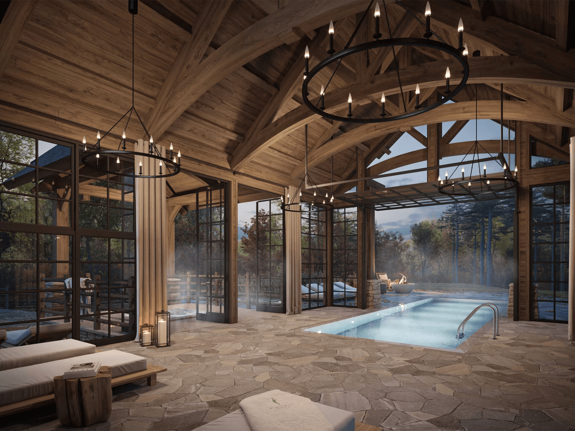 Pool rendering — Hyatt glamping poolhouse interior CGI