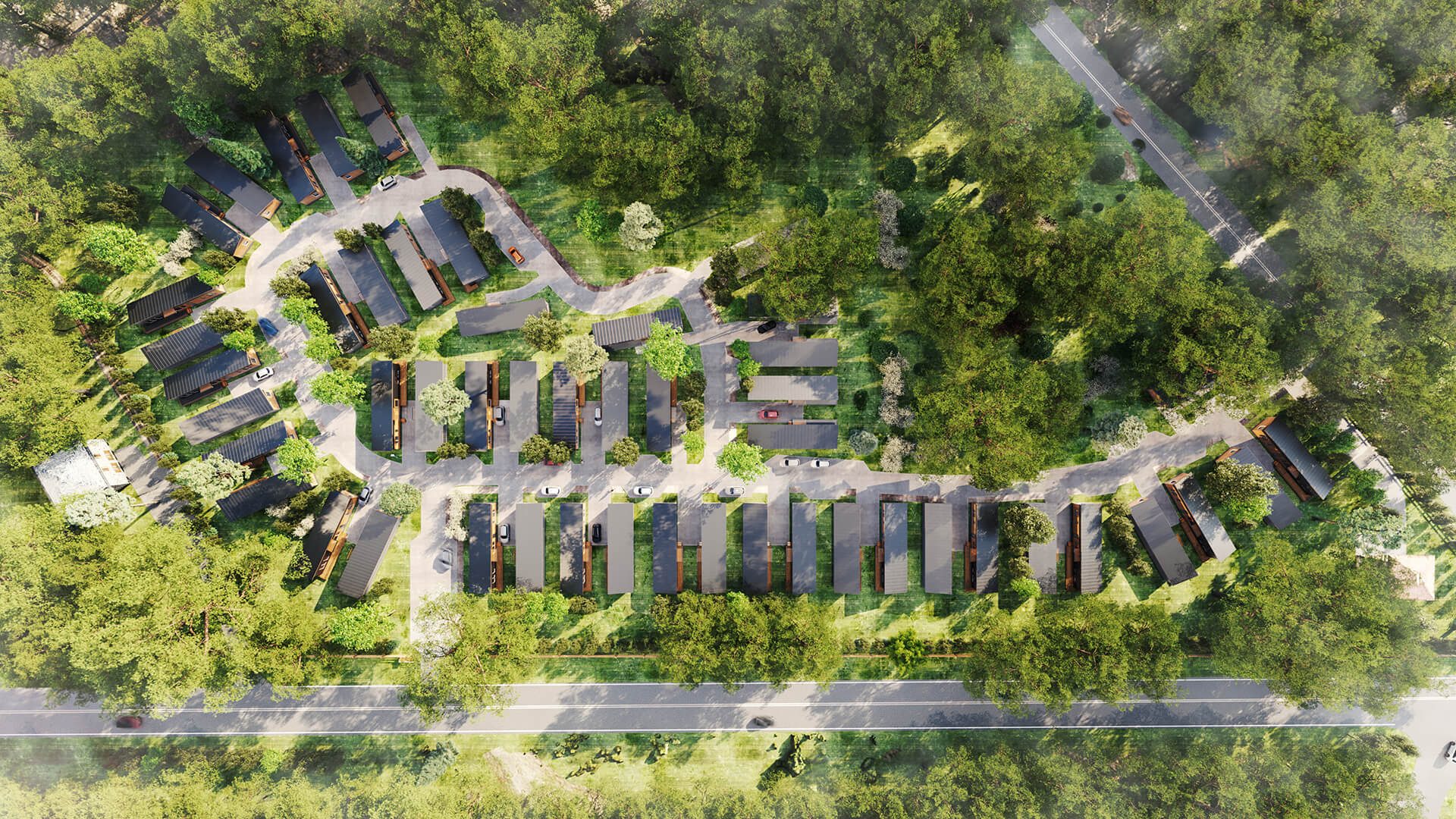 3D site plan rendering — residential community overview CGI