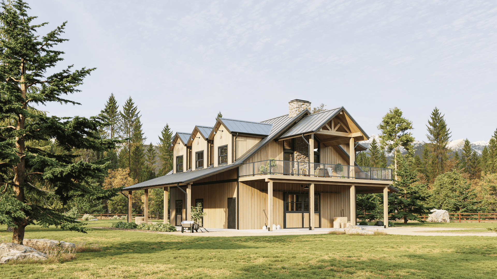 Wooden Barndominium Exterior Design 3D Render