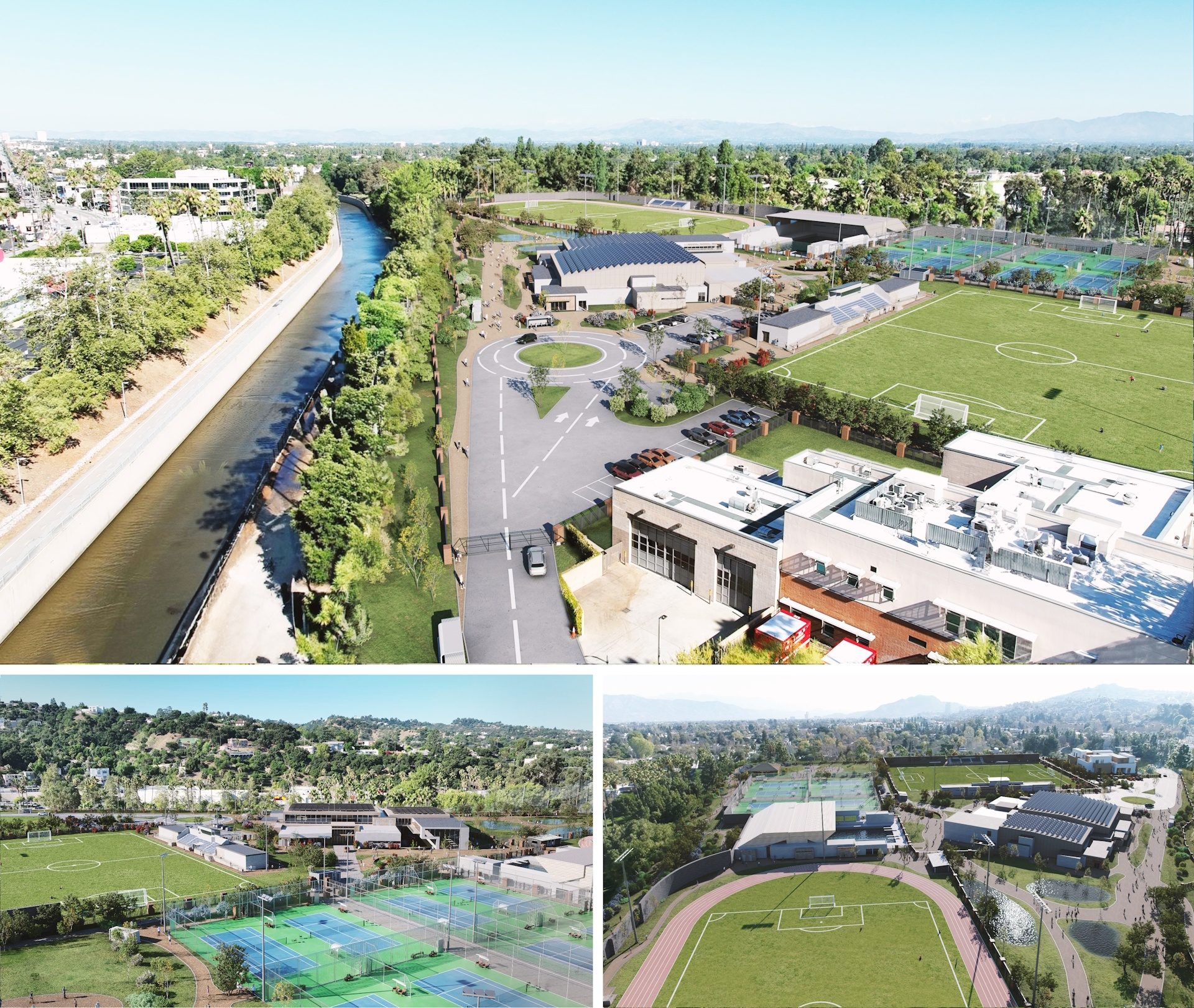 Collage of 3D renders showcasing public space designs for an environmental charity project in California
