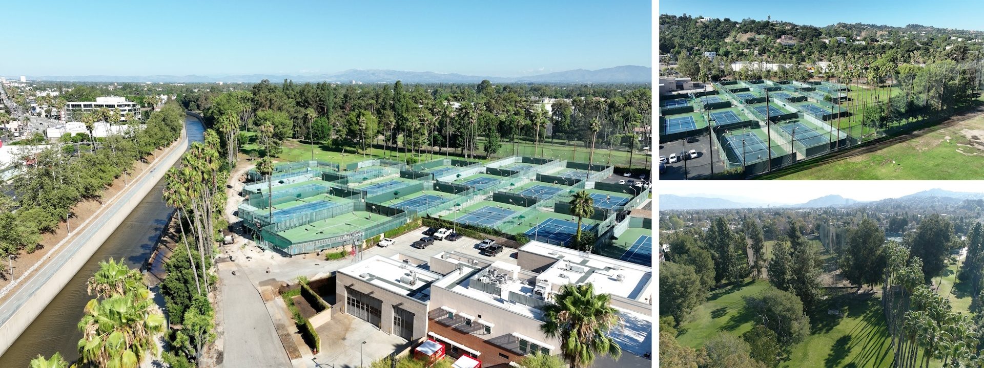 Reference collage for a public space 3D rendering with sports courts and landscape views