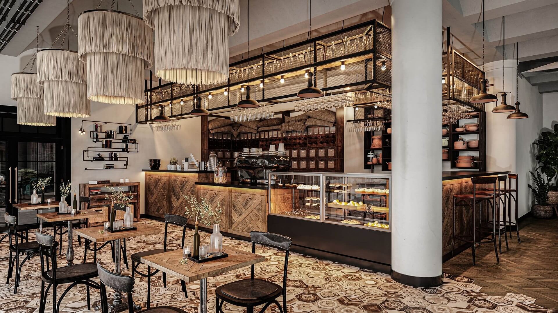 Commercial 3D rendering — cozy cafe interior CGI