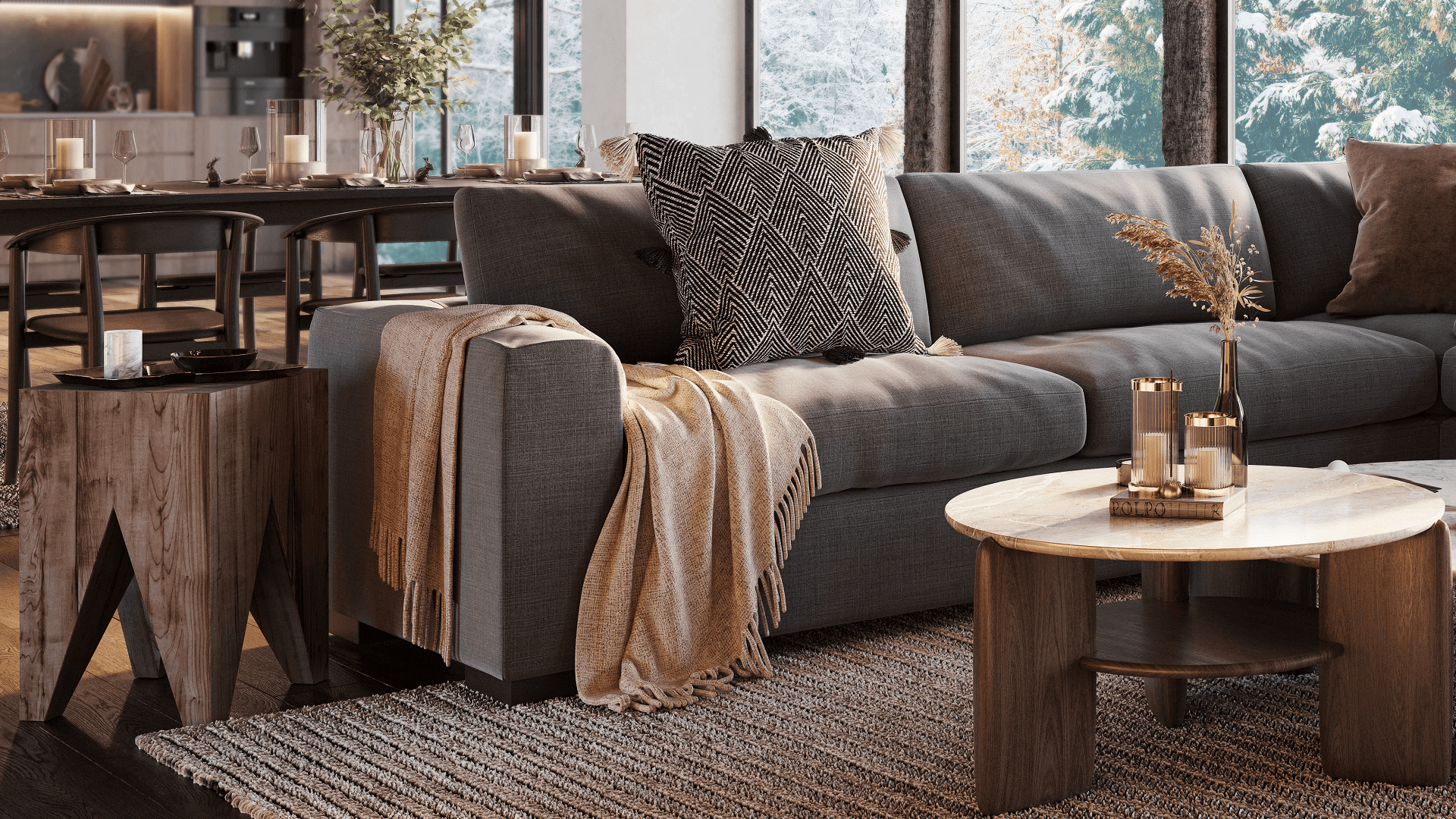 Residential interior 3D rendering — living room CGI