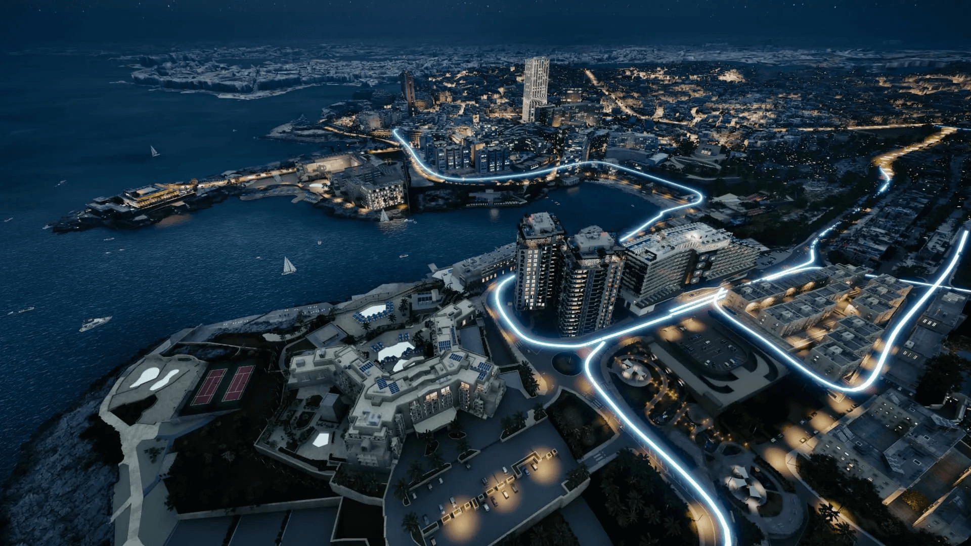 3D infrastructure rendering — night view urban project CGI