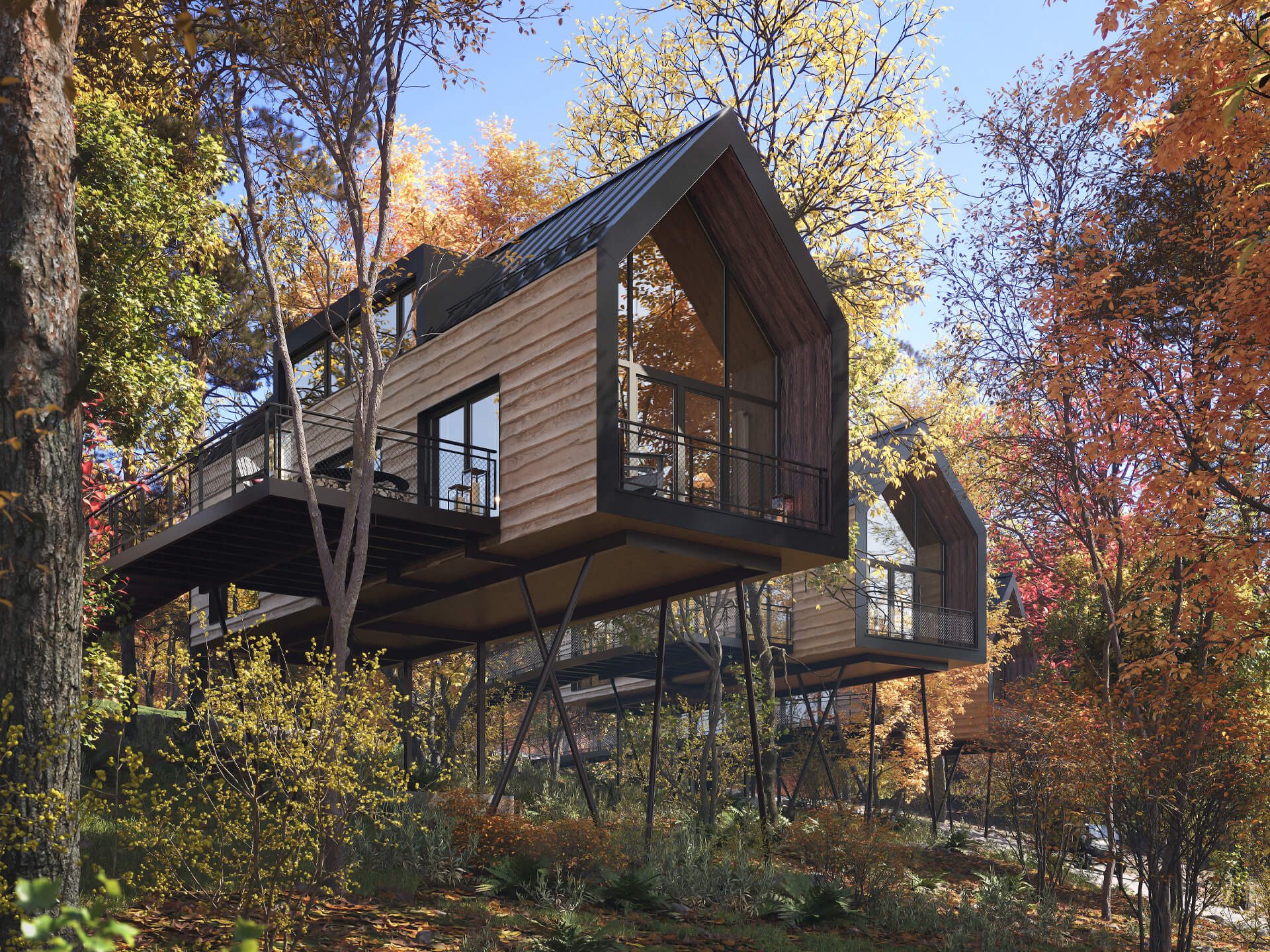 Hospitality rendering — glamping lodge Hyatt CGI