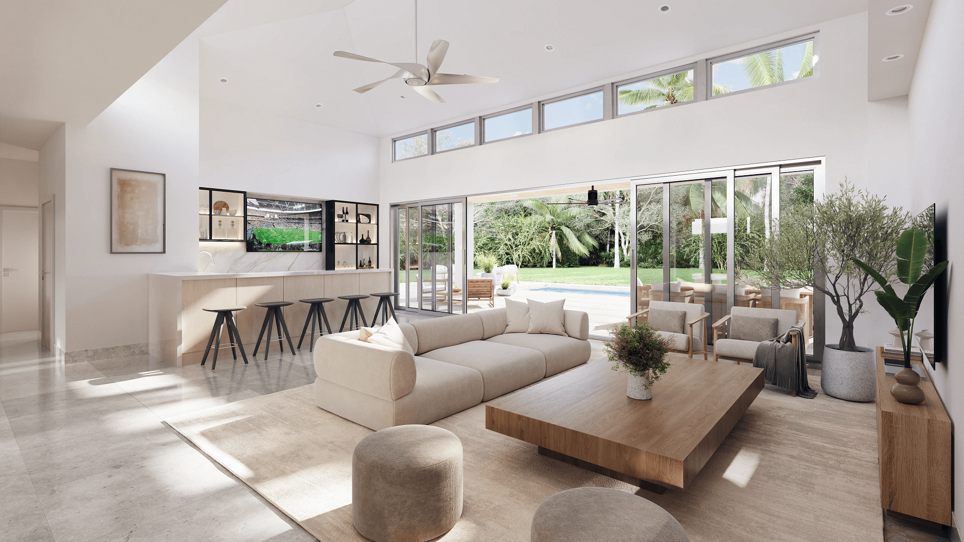 Photorealistic 3D rendering — living room interior CGI