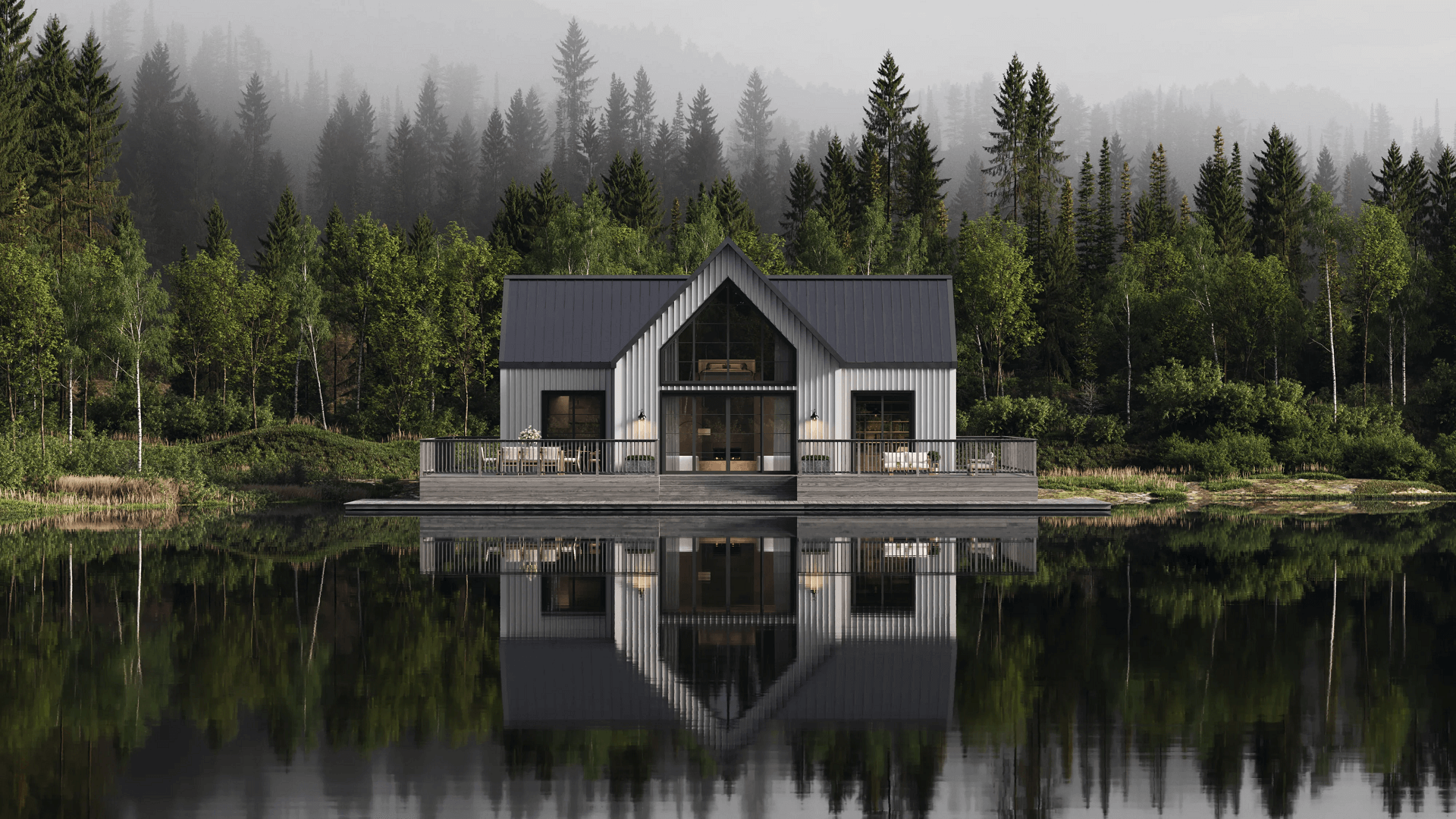 Photorealistic rendering — lakeside house exterior CGI