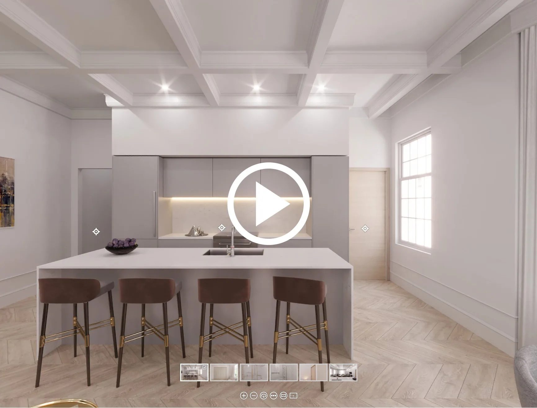 Virtual 3D tour preview: light kitchen interior of a condo apartment