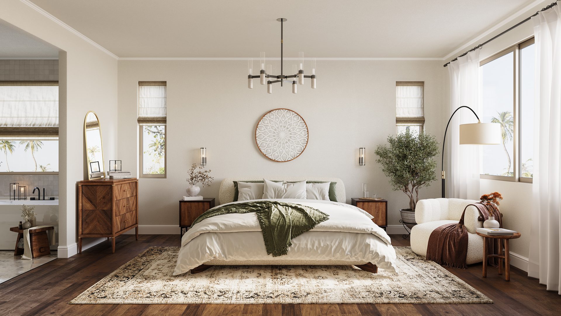 3D Rendering of a Cozy Bedroom Interior with Neutral Tones