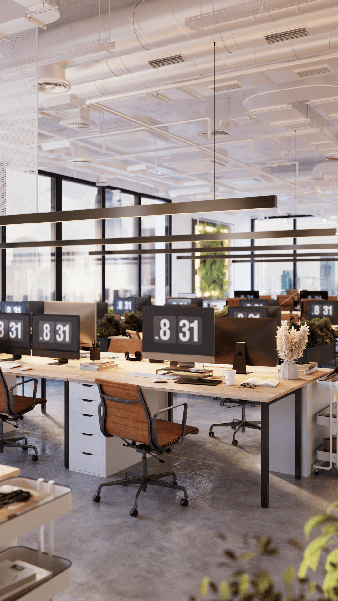 3D interior render of a modern office space with glass walls
