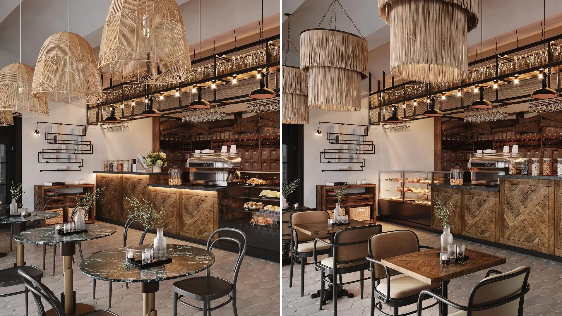 3D render of a cafe with seating and decorative lighting
