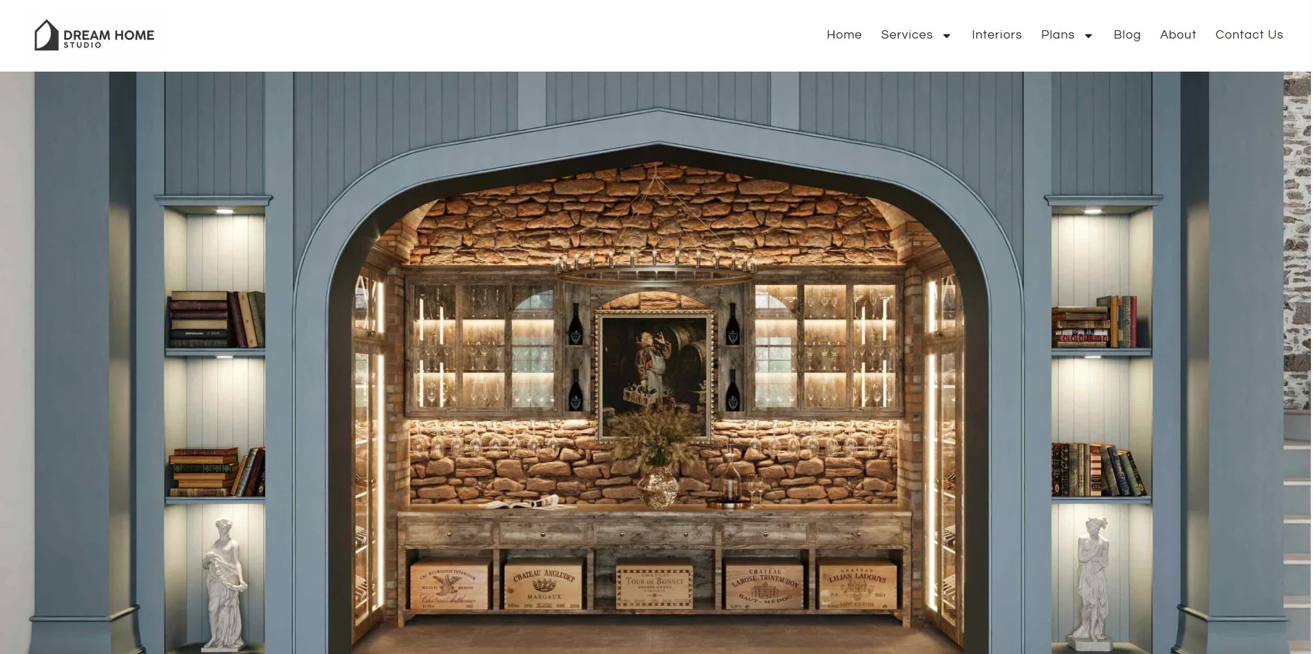 3D interior render of a blue arched bar area with illuminated shelves