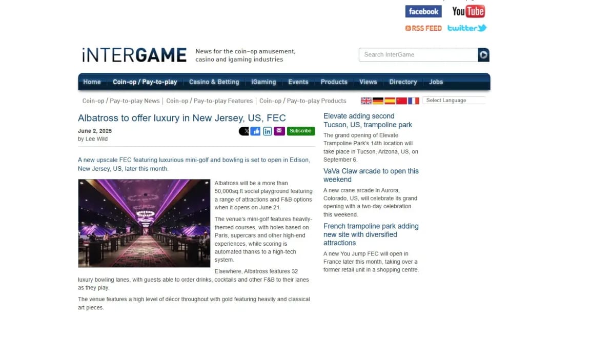 Entertainment Center Visualization Published On InterGame News A 3D interior rendering of the bowling area featured in a press article