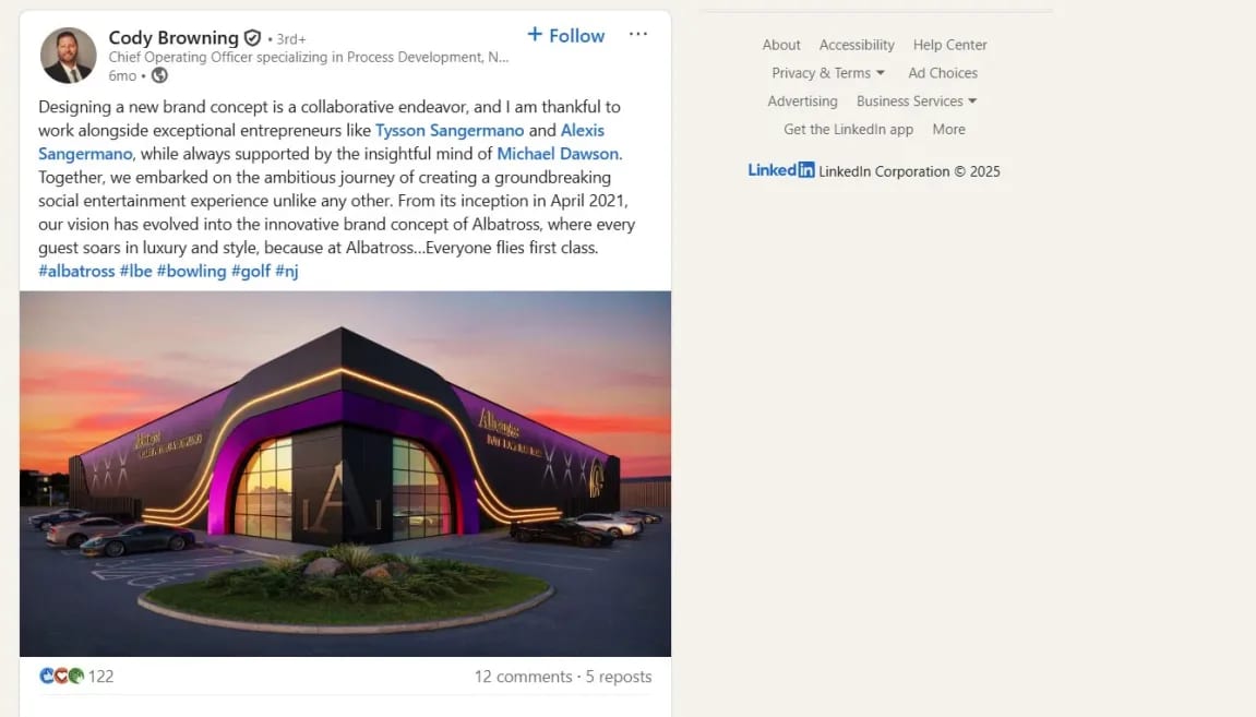 Entertainment Center Visualization Posted On LinkedIn A 3D exterior rendering of the Albatross building shared on LinkedIn