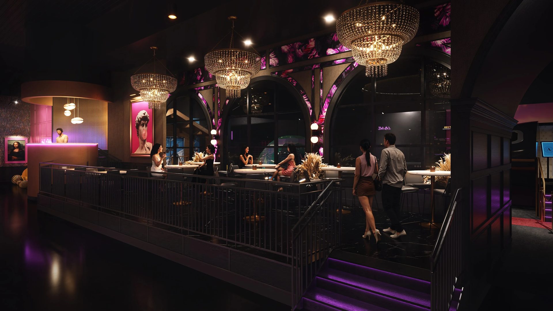 A crystal-lit lounge with arched windows, patterned walls, and sleek seating in a 3D visualization