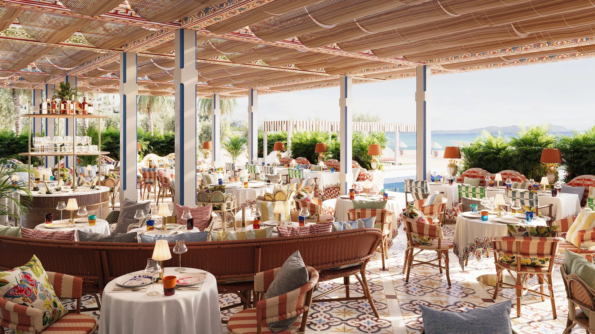 3D resort restaurant render with open dining space and garden views