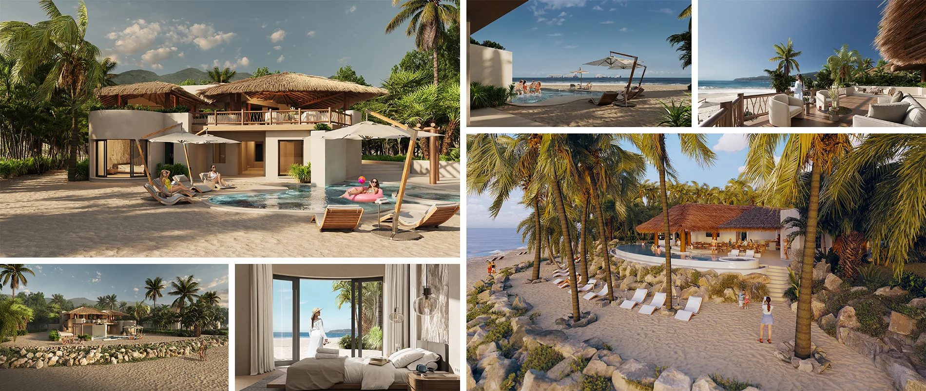 Collage of exterior 3D renderings for a tropical residential resort