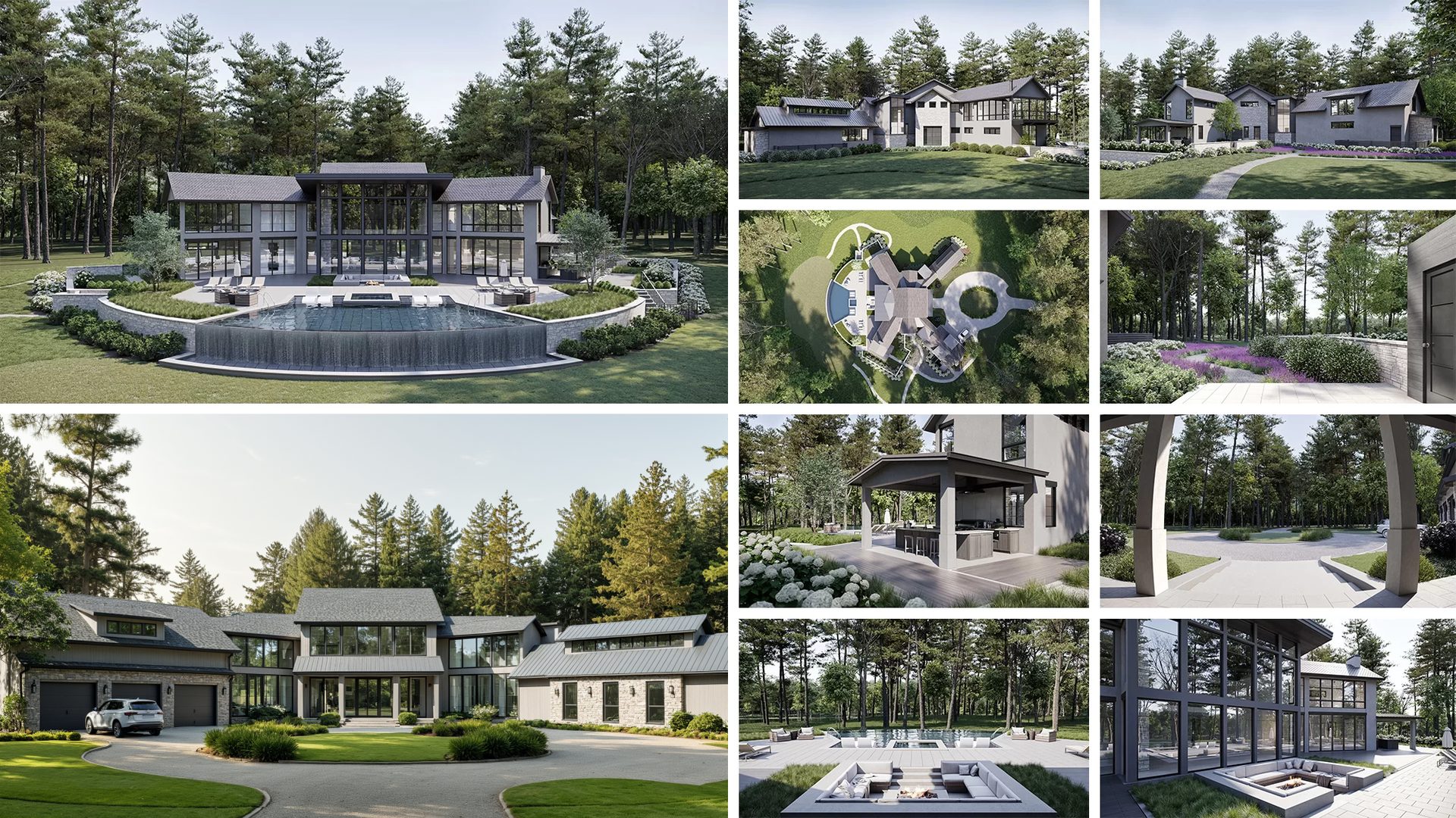 Collage of exterior renderings for a modern villa in Georgia