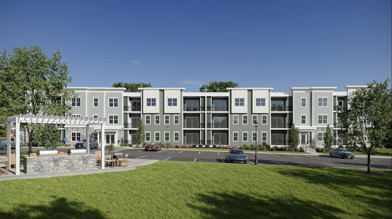 Property marketing CGI of a modern apartment building exterior