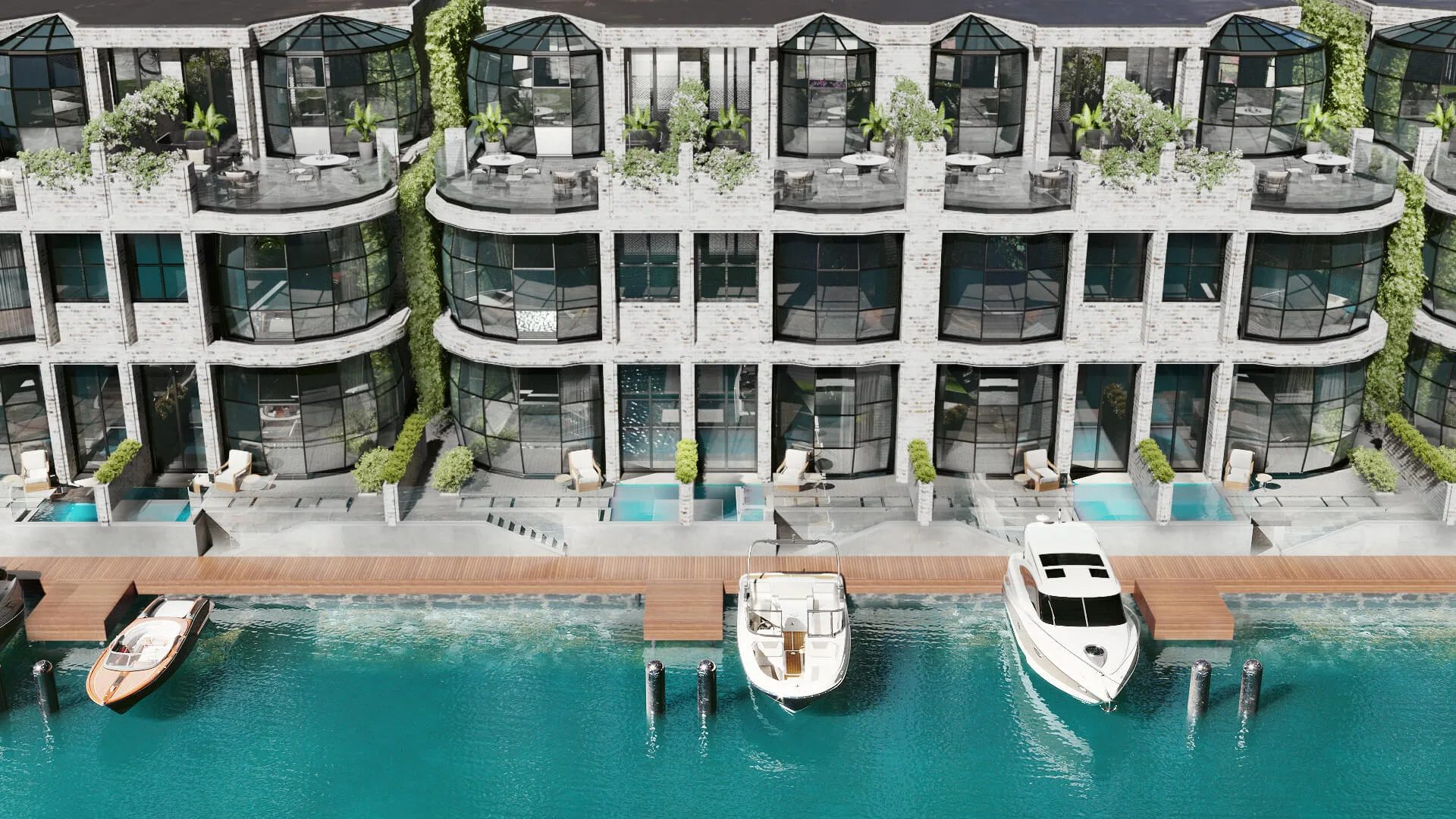 Outdoor 3D rendering of canal-facing townhouses with glass facades, rooftop terraces, plunge pools, and moored boats