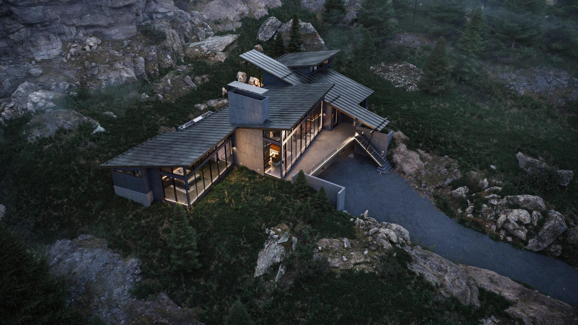 Top-view Exterior 3D Render of a Mountain Residence