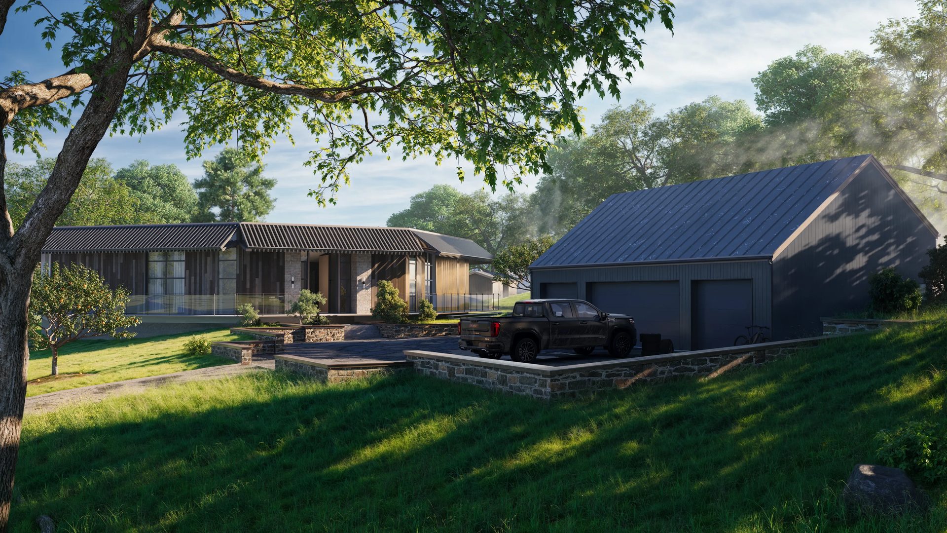 CGI Rendering of Atmospheric Countryside House Lawn