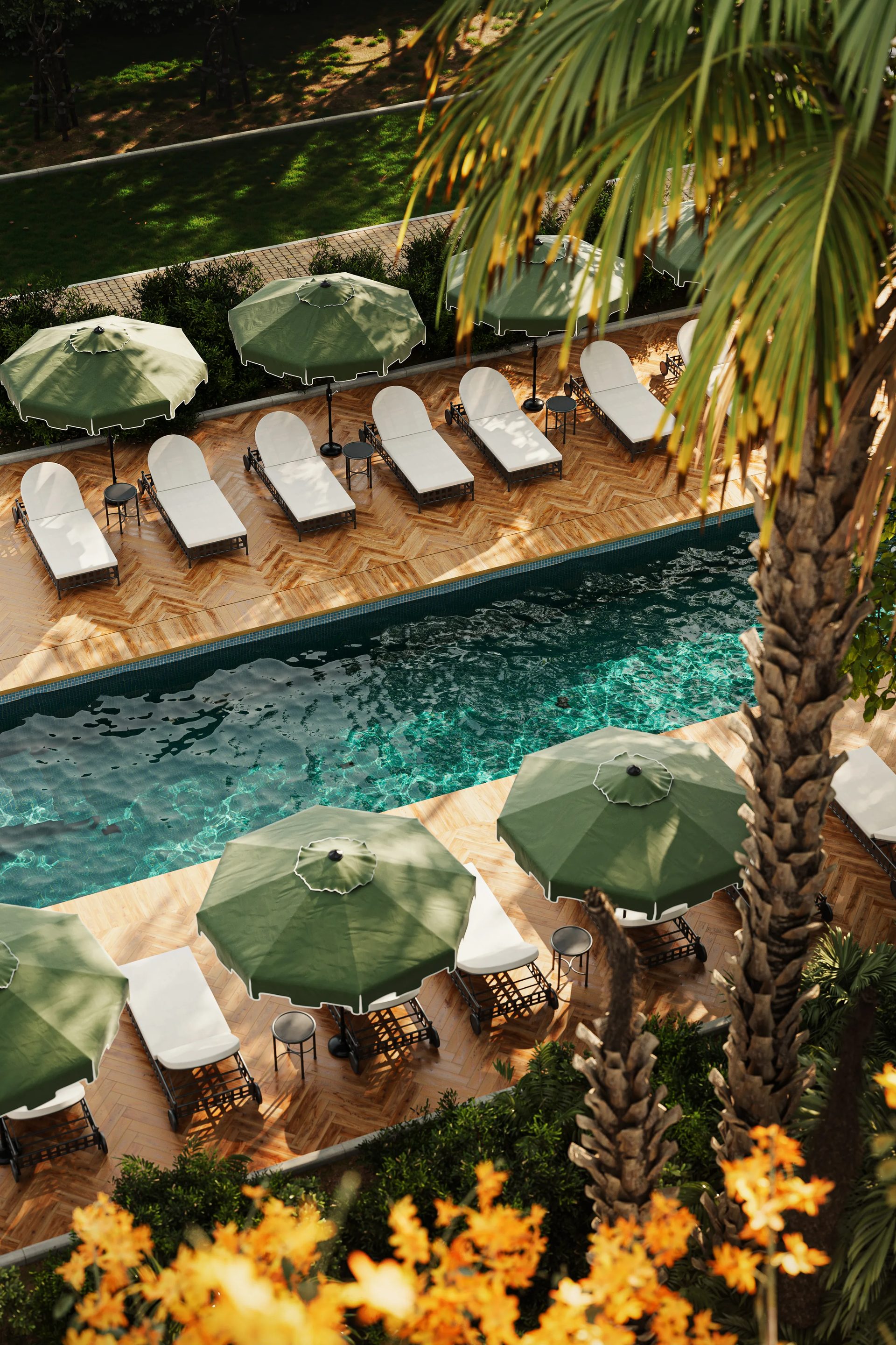 Hospitality exterior rendering of a luxury resort pool with loungers and palm trees