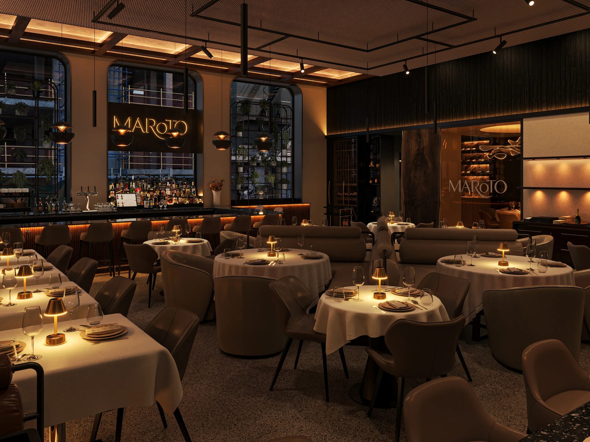 3D visualization of a modern restaurant interior with warm lighting, elegant table settings, and a stylish bar area