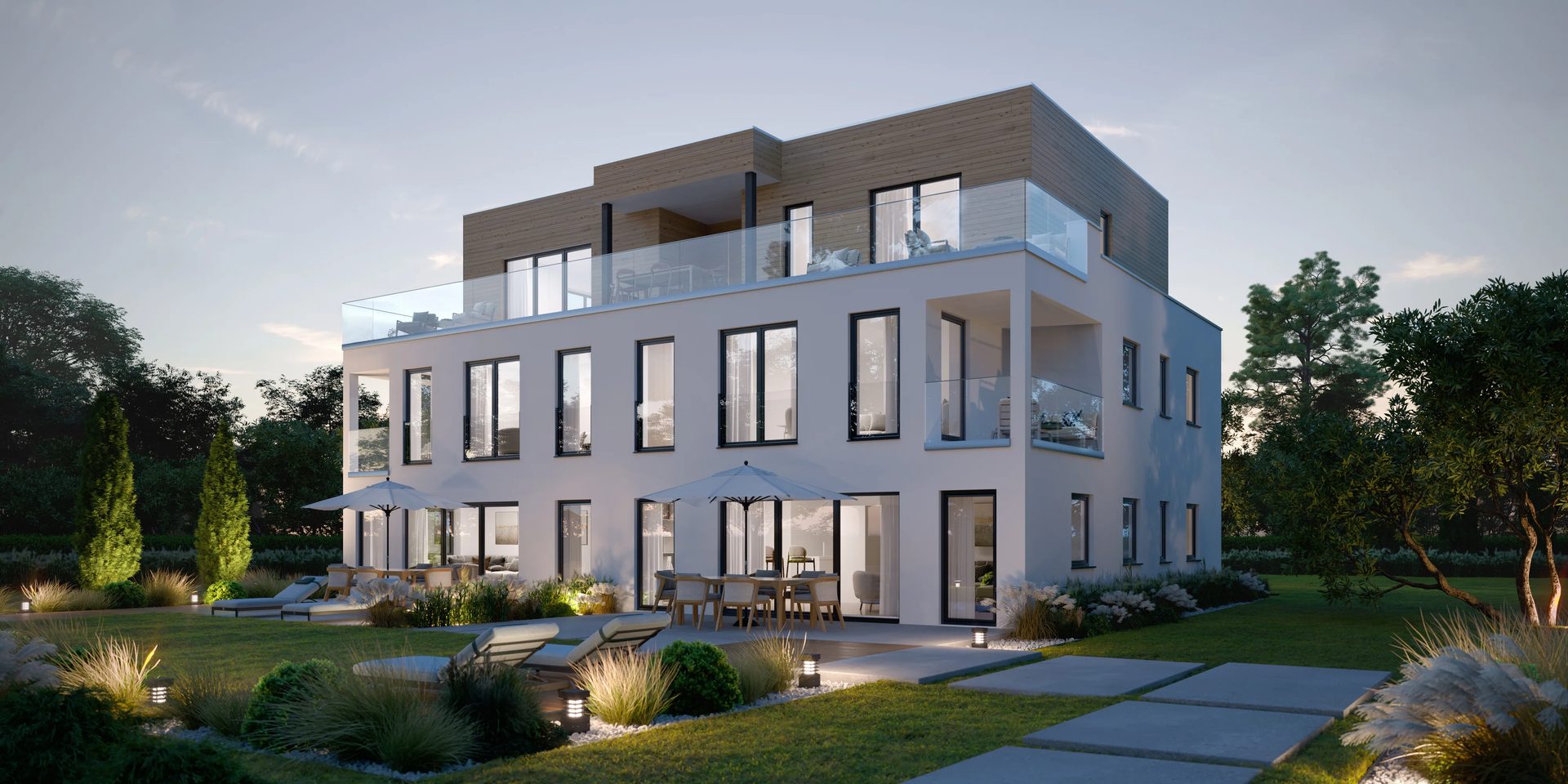 Architectural visualization of a modern two-storey luxury home with rooftop terrace and landscaped garden
