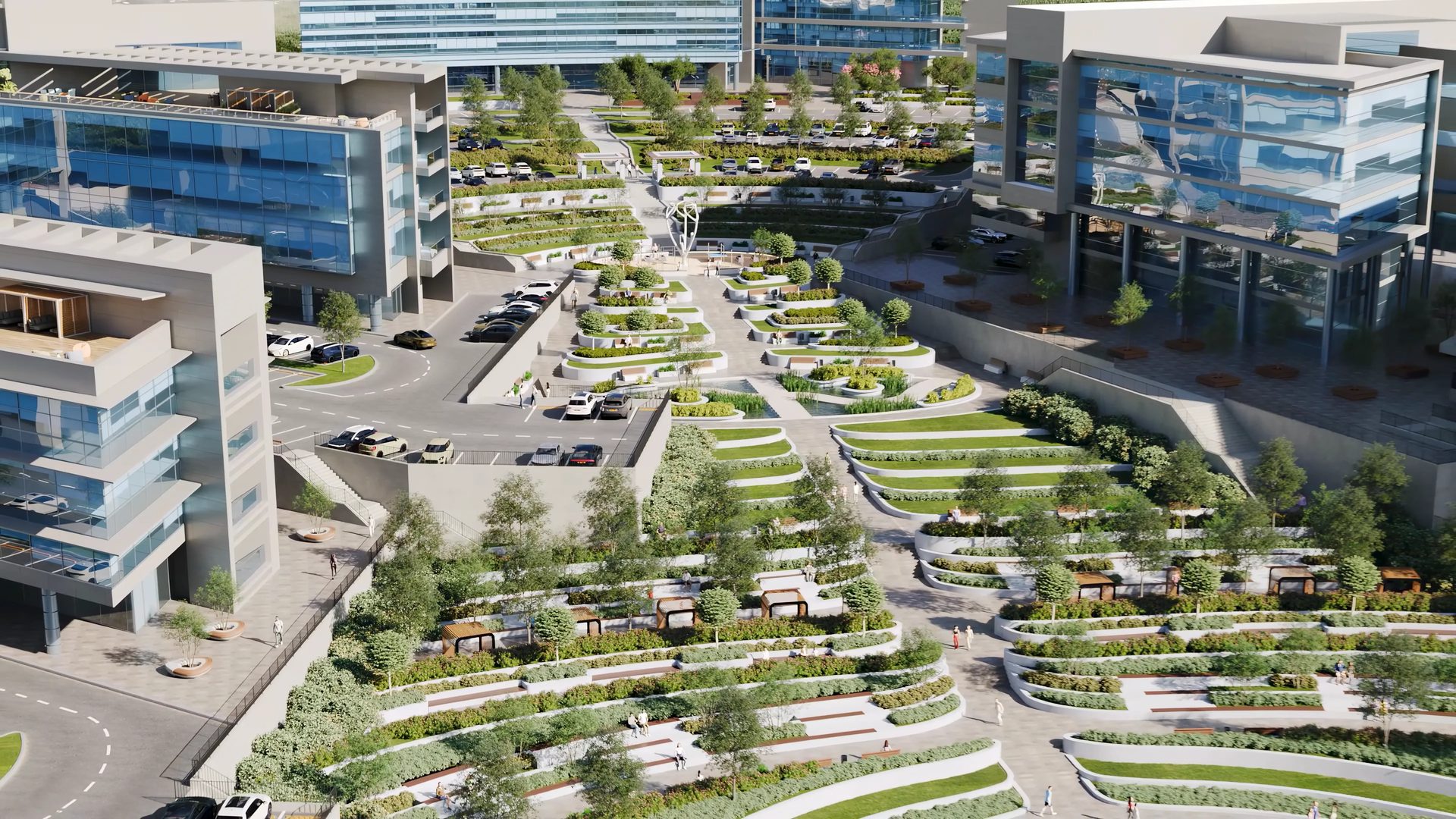 Contemporary commercial campus with landscaped terraces, offices, and public spaces depicted in a high-quality 3D visualization