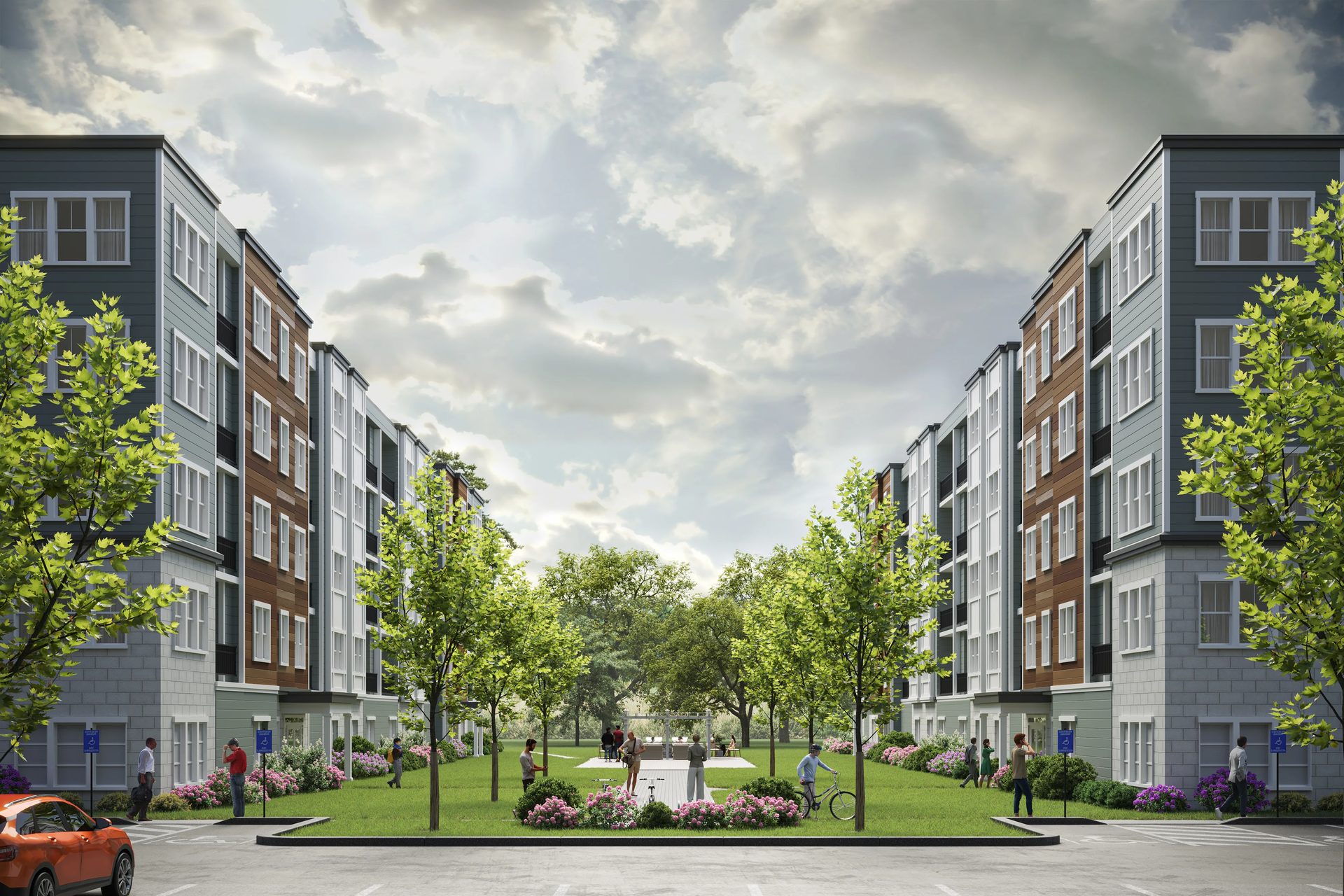 Residential courtyard housing presented in a balanced composition with an eye-level camera angle in a 3D render.