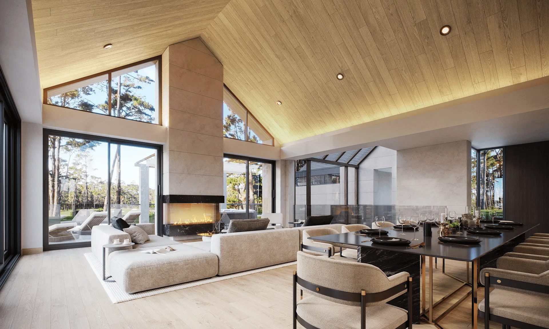 3D living room rendering — multi-purpose zoning