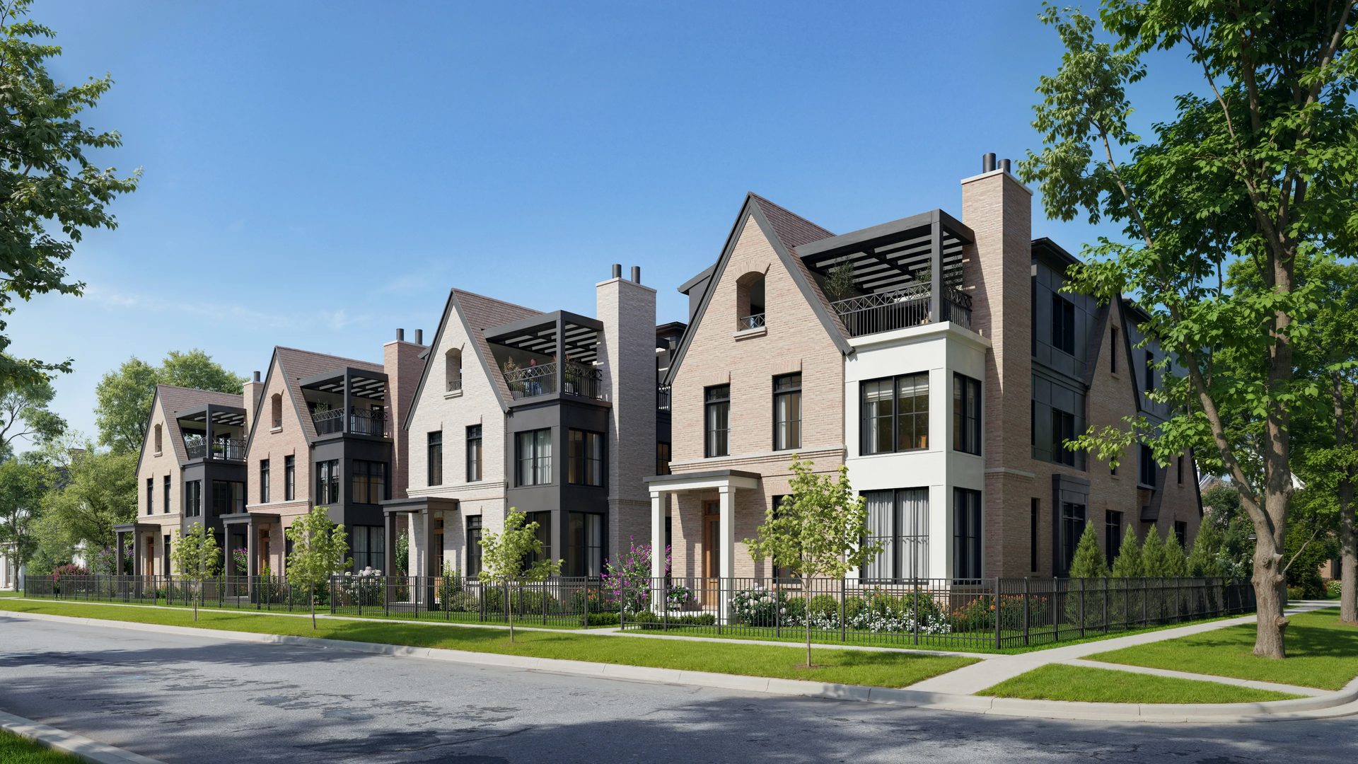 Exterior Rendering of a modern townhouse row with brick facades, balconies, and landscaped front yards