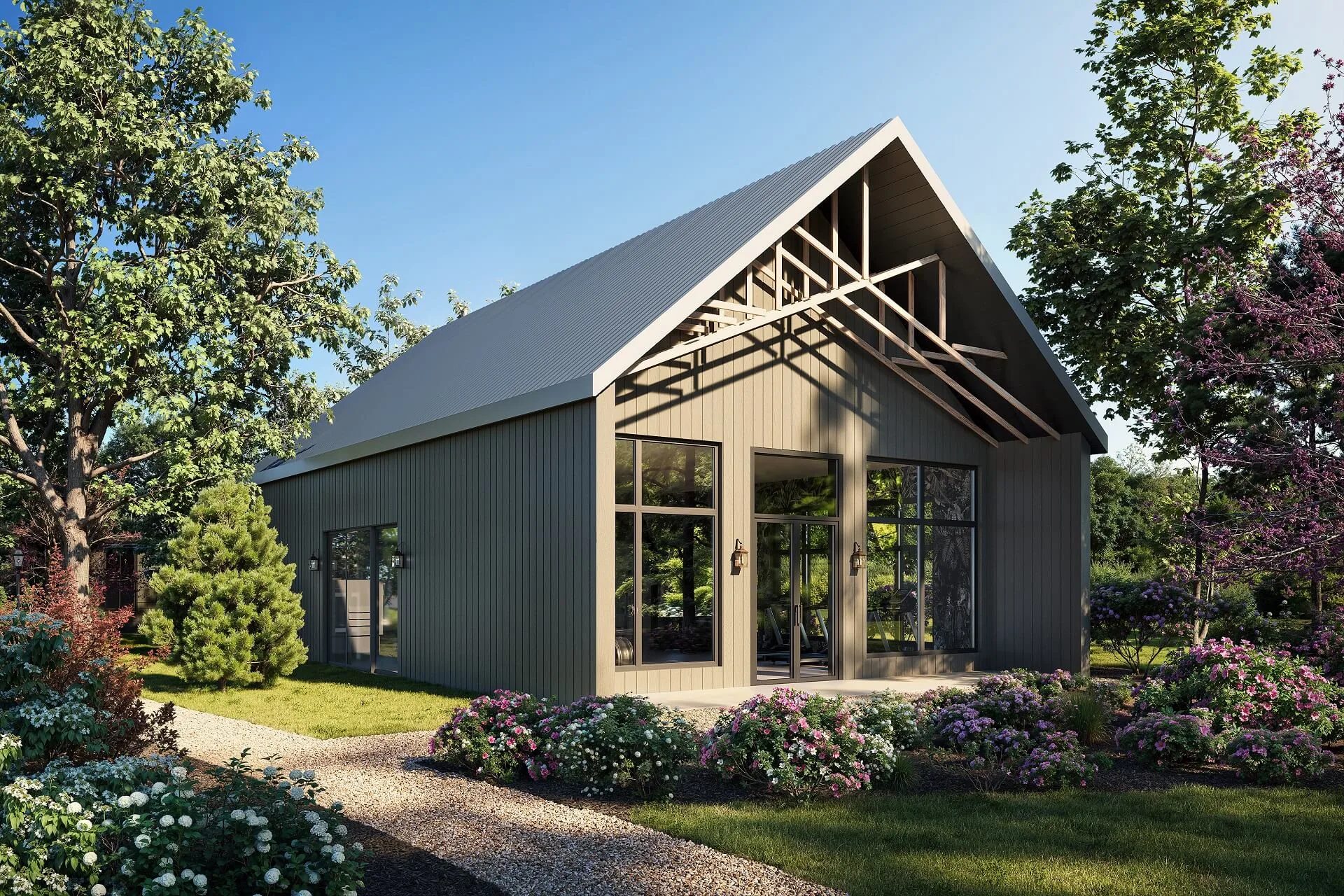 A compact dark clad cabin with a steep roof and tall glazing sits among trees in a clean 3D render.