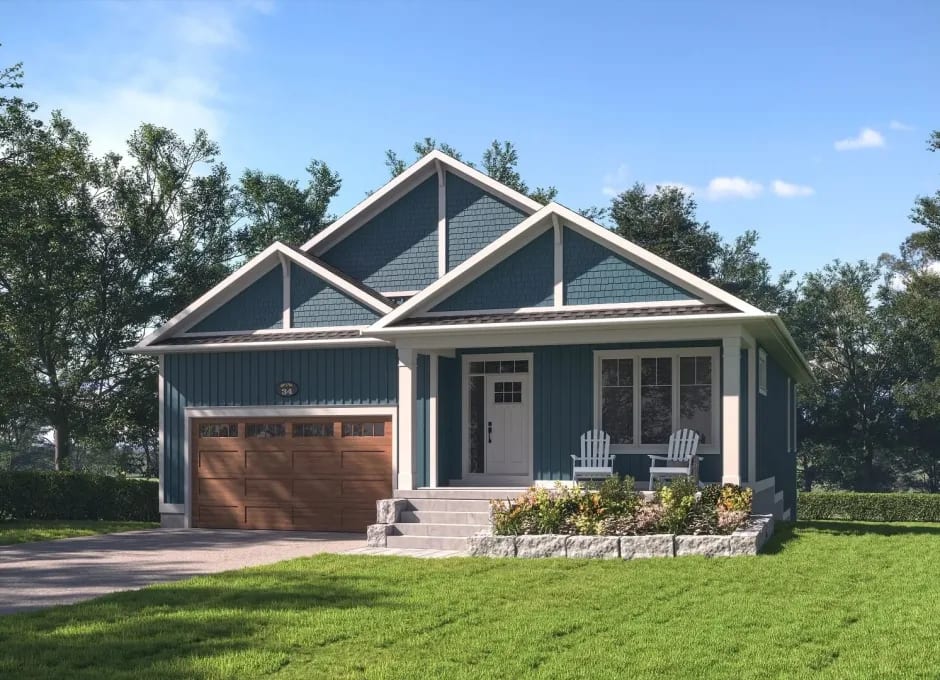 A detached suburban house with a garage, front steps, and gabled roof stands on a grassy plot in 3D visualization.