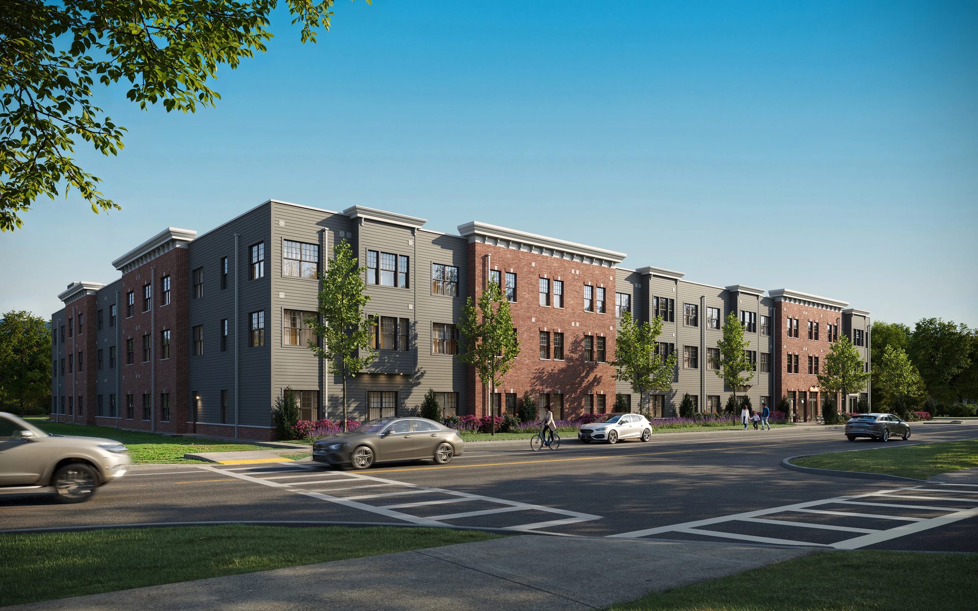 A mid-rise apartment building with brick and gray cladding facing a street corner in a realistic 3D render.
