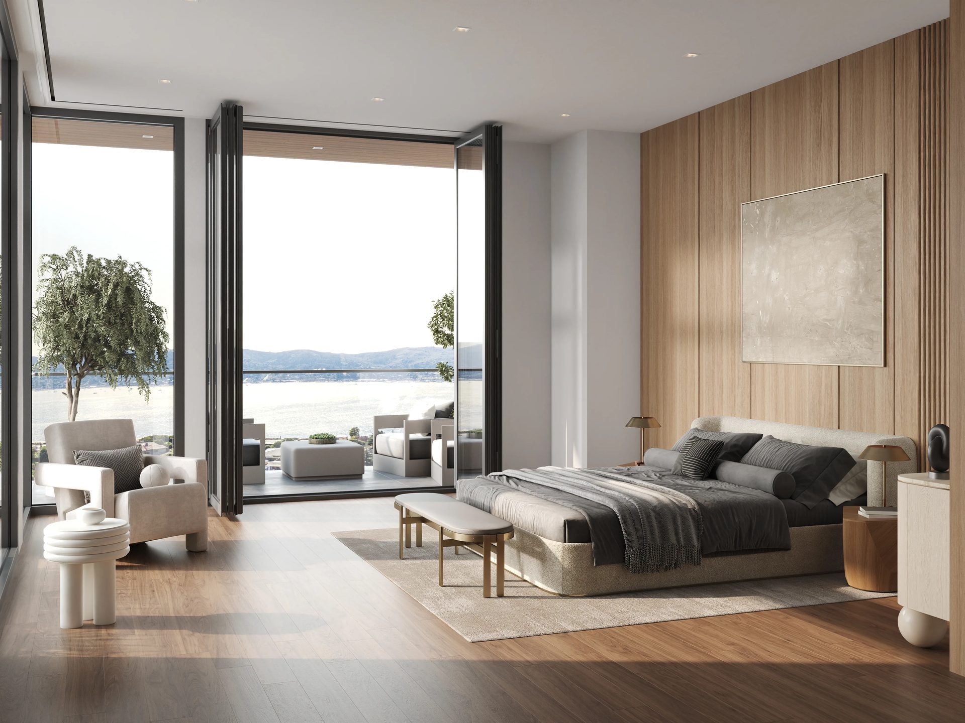 Photorealistic architectural rendering of a modern bedroom with terrace view, soft textiles, and minimalist decor