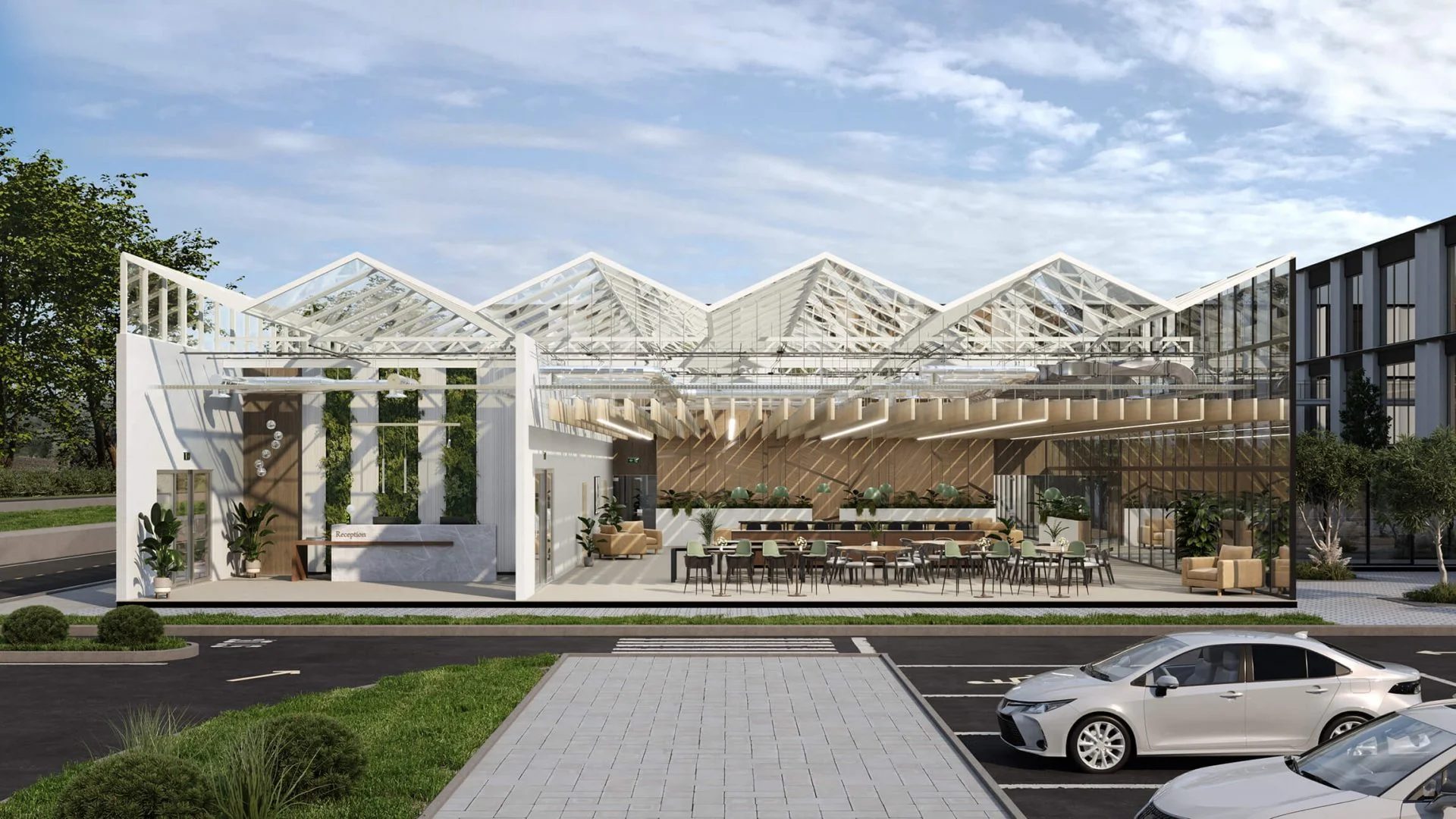 3D dollhouse rendering of a Los Angeles commercial building with open-air dining and greenhouse-style roof