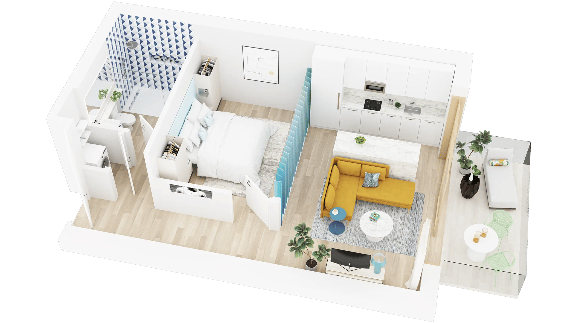 3D floor plan rendering of a one-bedroom Los Angeles apartment with open living area and kitchen