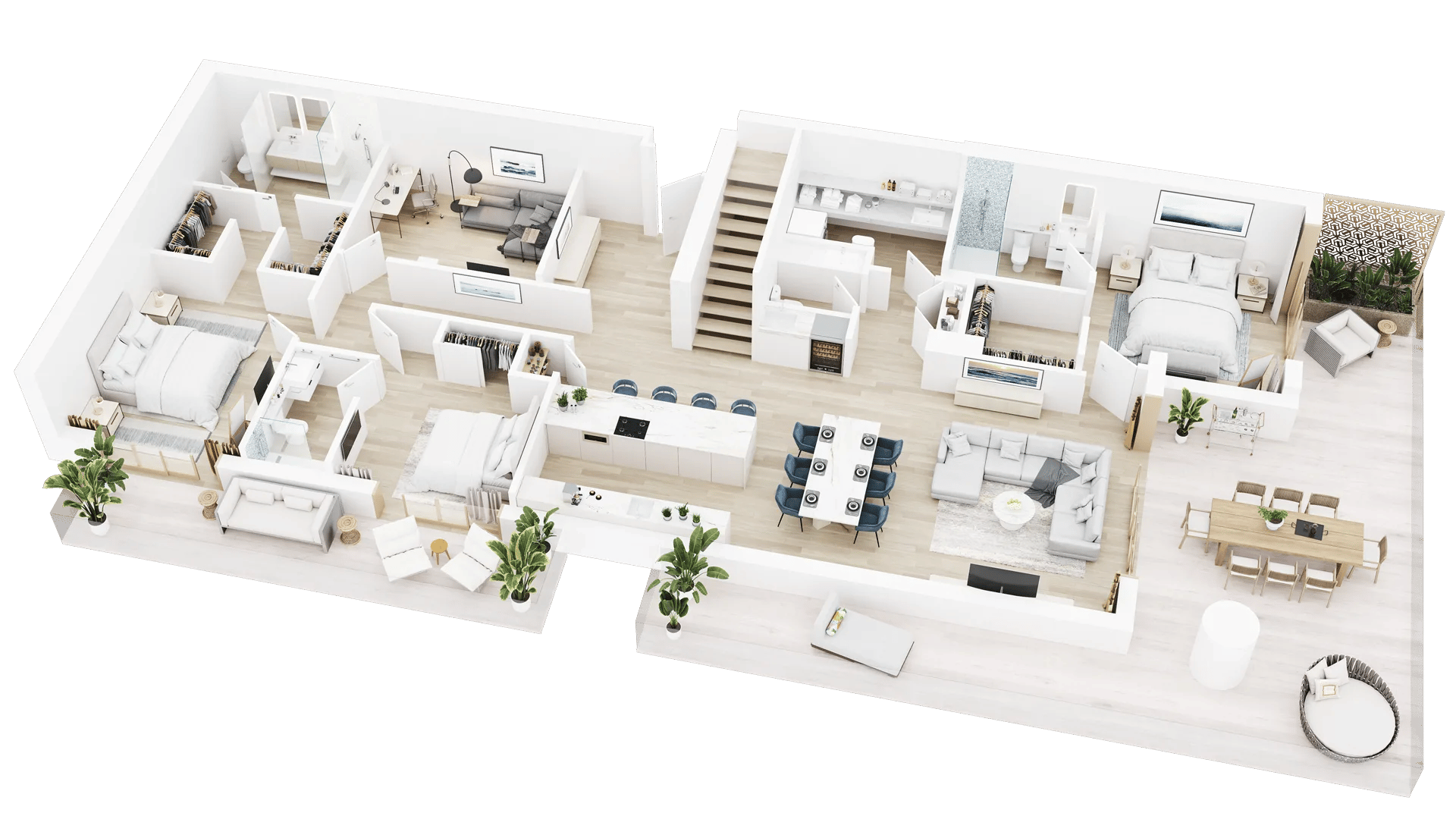 3D floor plan rendering of a Chicago residence with furnished bedrooms, lounge areas, and an open kitchen layout