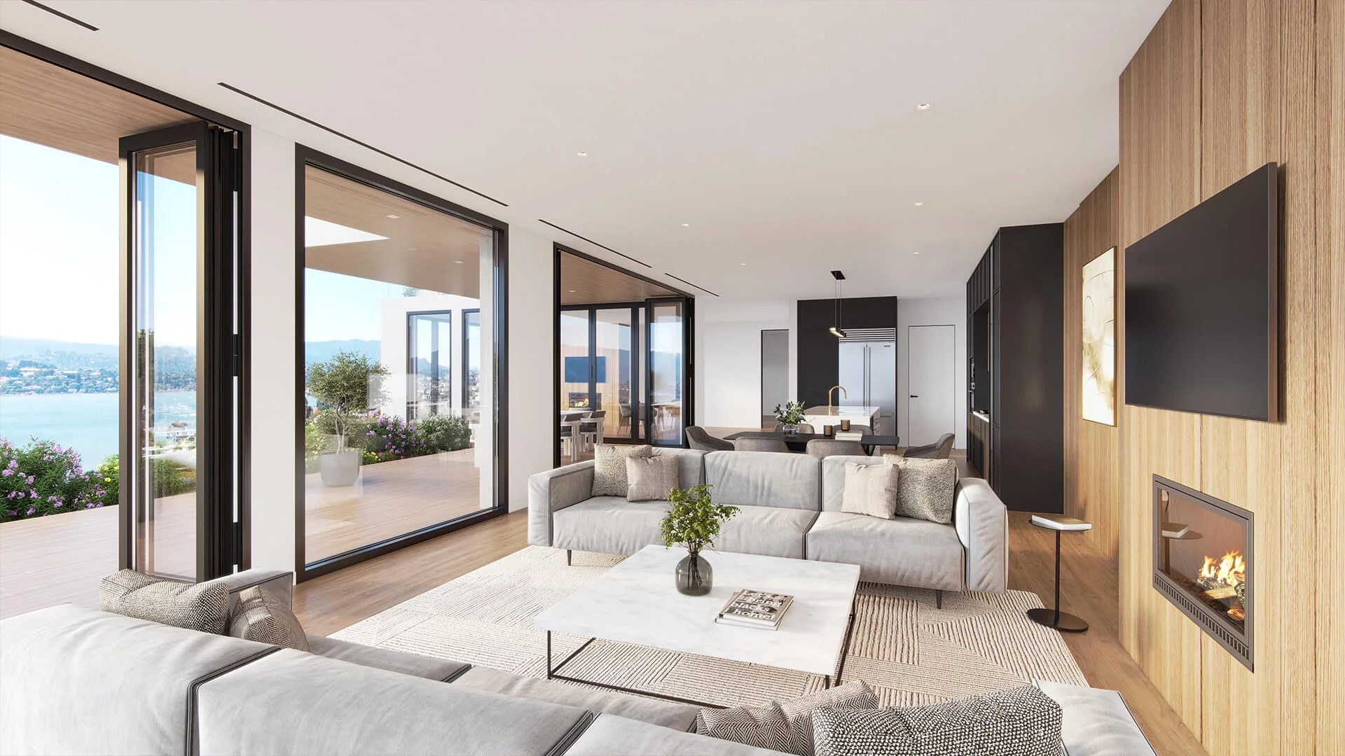 Interior 3D rendering of a Los Angeles luxury living room with open-plan layout and panoramic bay views