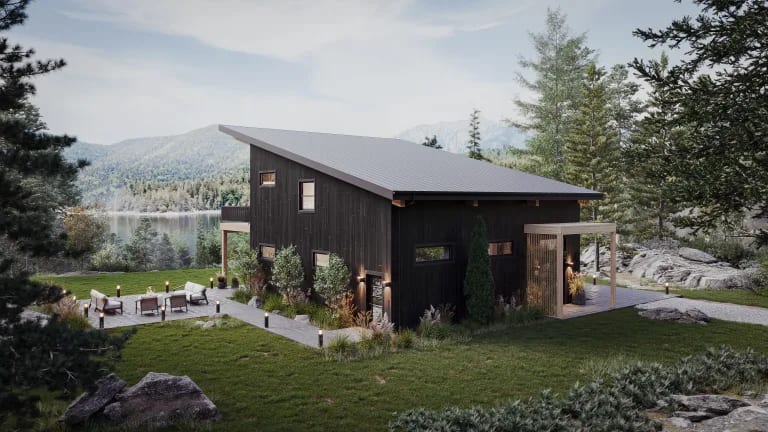 Exterior 3D rendering of a dark-clad cabin near Los Angeles with mountain lake views and outdoor seating