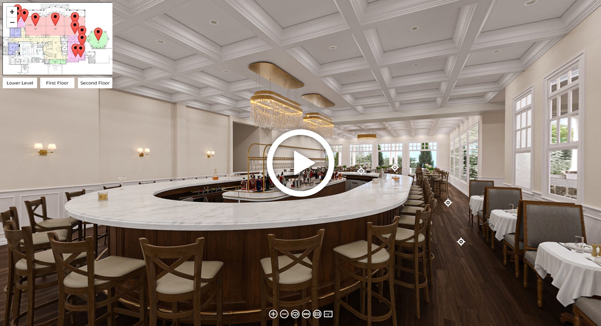Virtual tour rendering of a Florida restaurant with an oval marble bar, coffered ceiling and crystal chandeliers