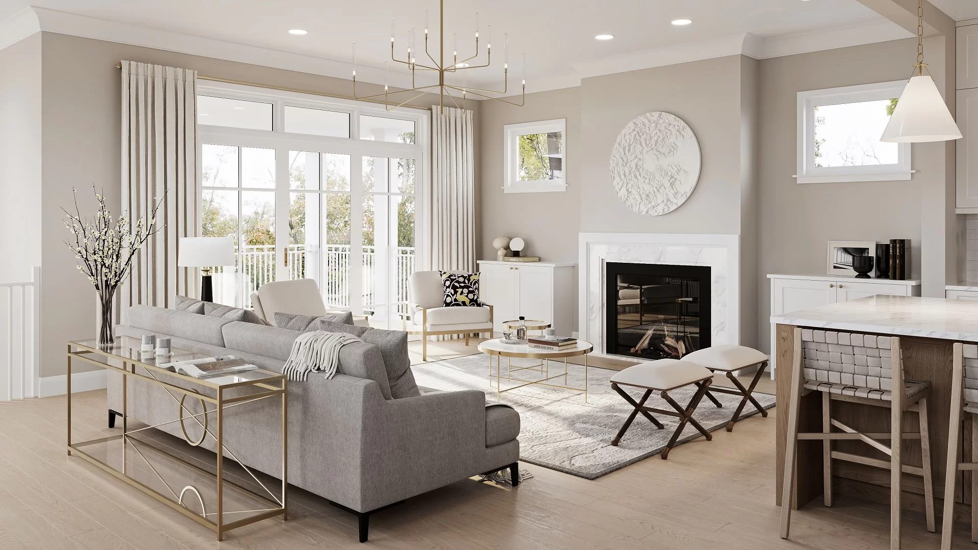 Interior 3D rendering of a Chicago home with soft neutral tones, fireplace, and modern kitchen seating