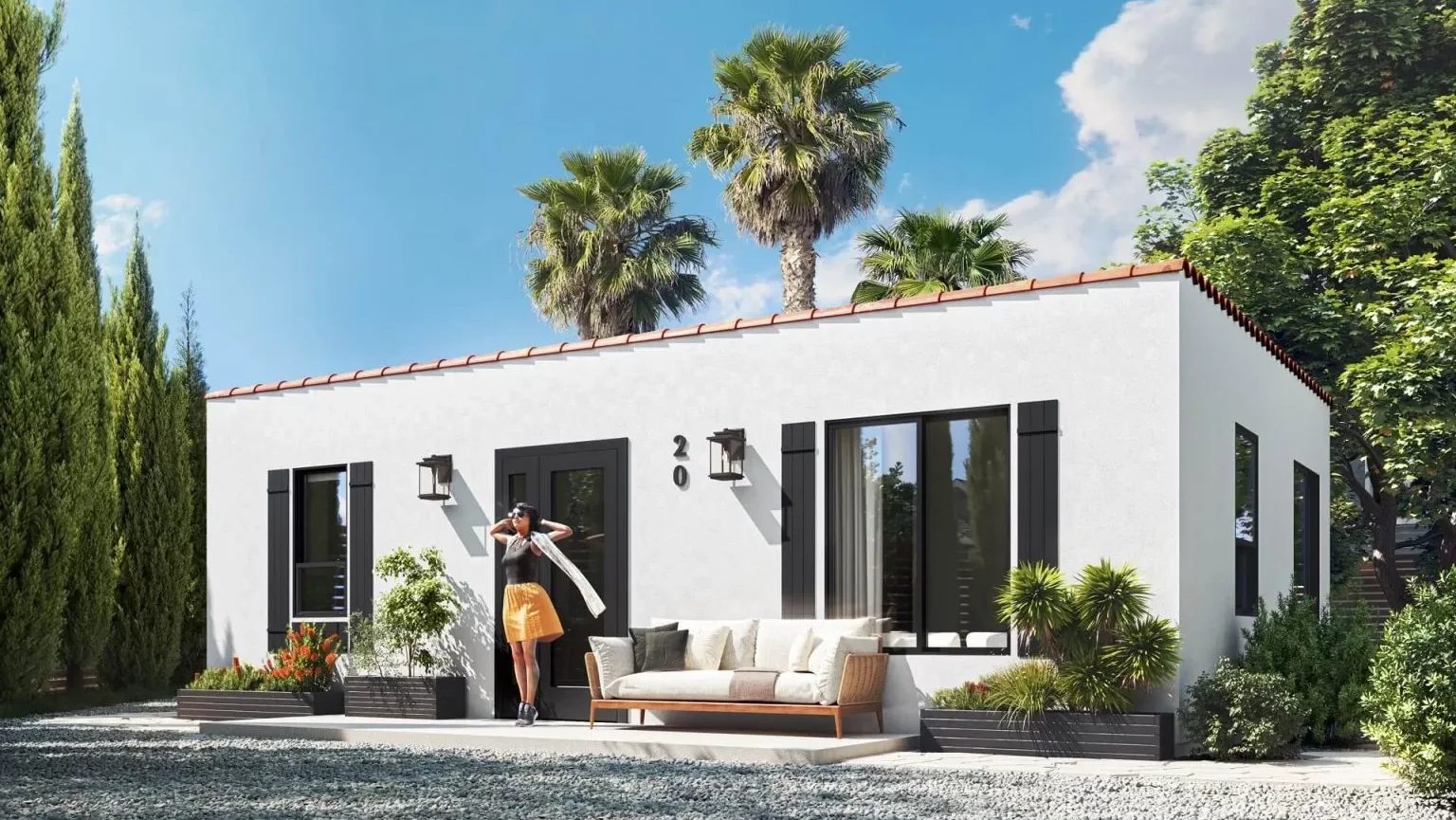 Exterior 3D rendering of a Spanish-style Los Angeles ADU with palm trees and outdoor seating