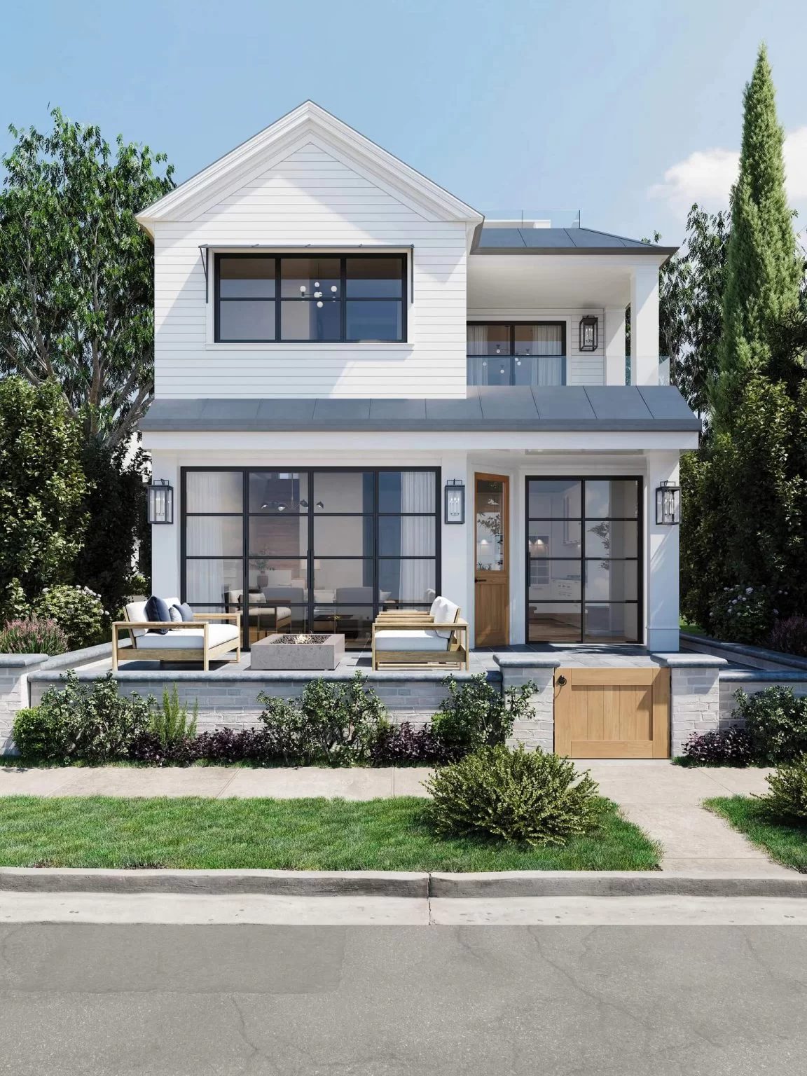 Exterior 3D rendering of a modern farmhouse in Los Angeles with front patio and steel-framed windows