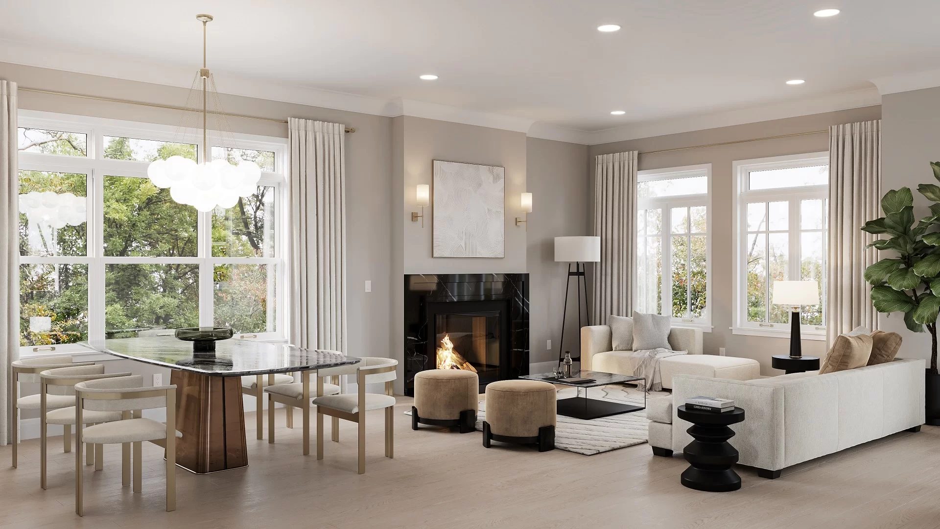 3D rendering of a Chicago apartment interior with curved furniture, marble finishes, and panoramic skyline views