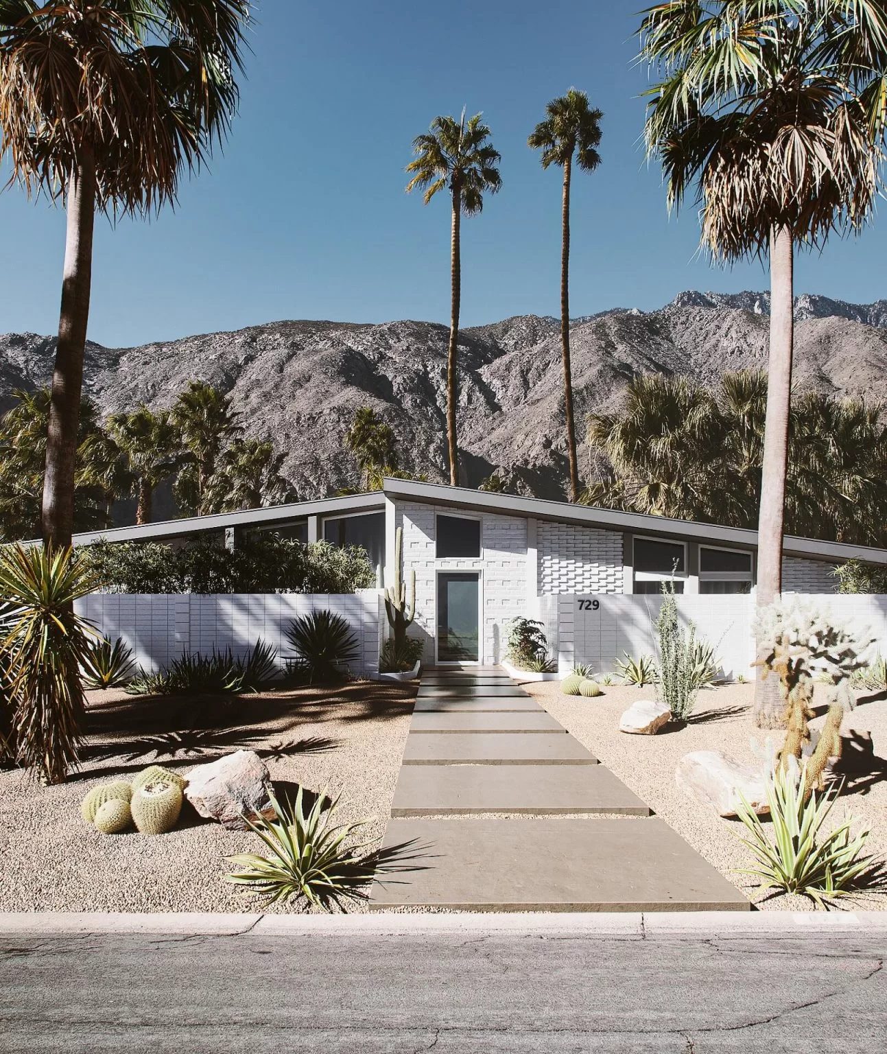 Exterior 3D rendering of a mid-century Los Angeles home surrounded by desert landscaping and palm trees
